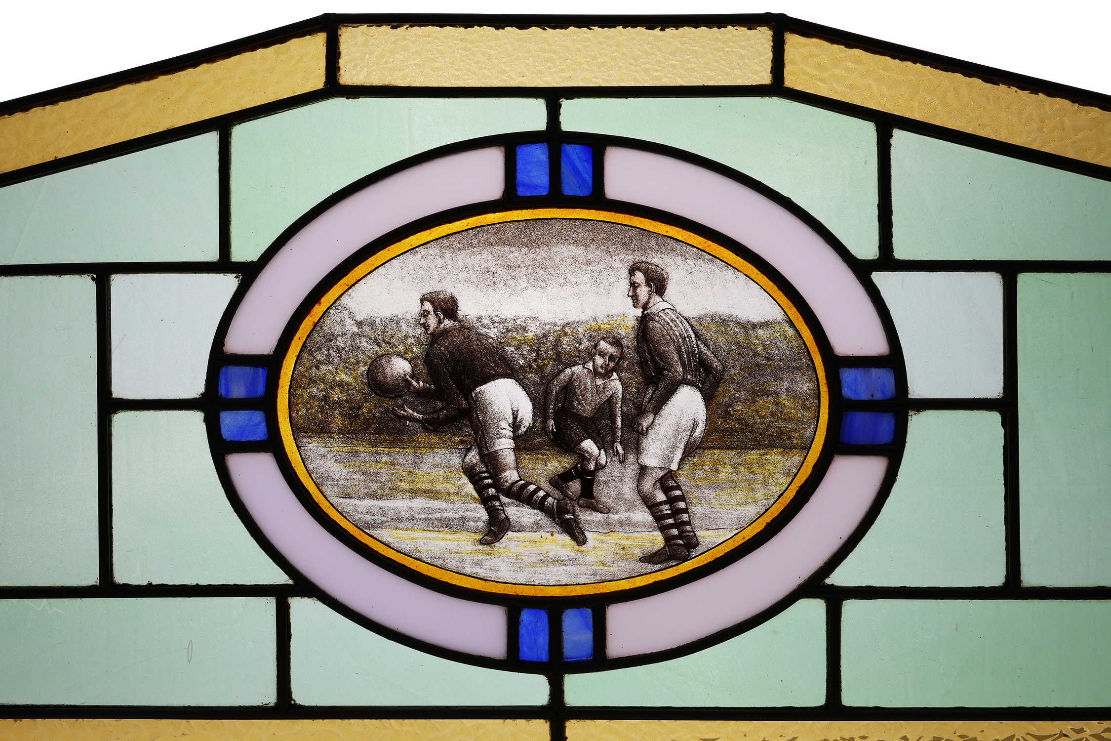 Art Deco Stained Glass Panel Depicting Early Football Scene, Belgium ca. 1910thumbnail